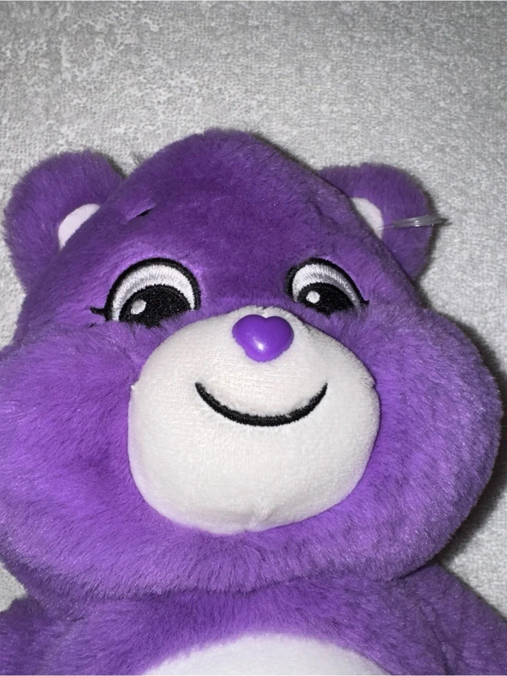 Care Bears Purple Plush with Pink & Blue Heart Lollipop Belly Badge